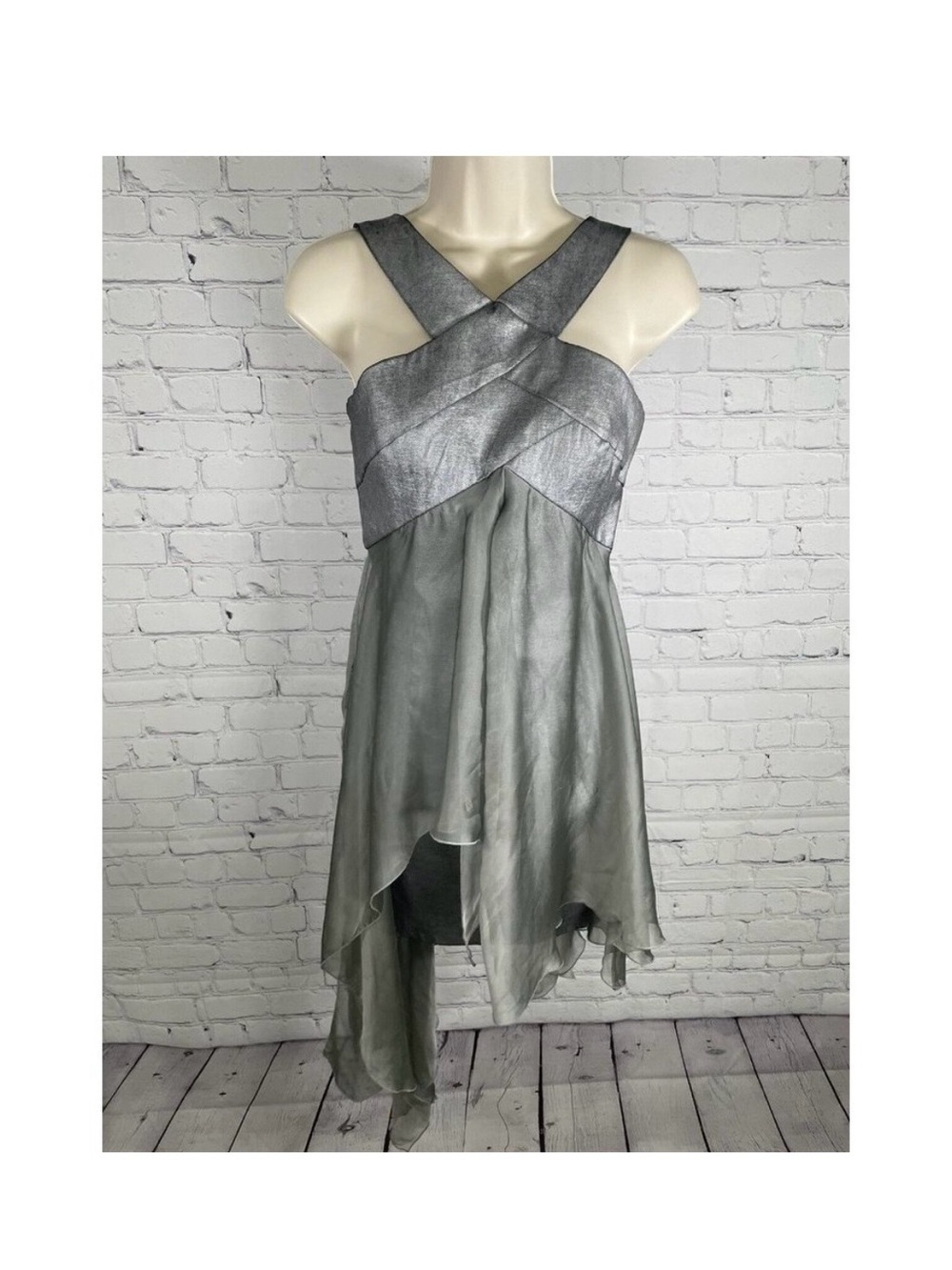 Jessica McClintock Metallic Flowy Reverse Halter Short Hi Lo Dress Size 8